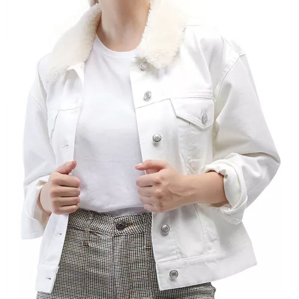 OAT Sherpa Collar Button Front Denim Jacket Front Pockets Women's Size Medium